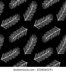 Fir twigs seamless pattern. Vector illustration of coniferous branch. Black and white plant spruce background