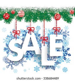 Fir twigs with snow, baubles and text Sale. Eps 10 vector file.