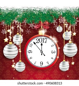 Fir twigs with snow and clock 2017 on the red background with ornaments. Eps 10 vector file.