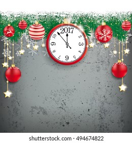 Fir twigs with snow, clock and red baubles on the concrete. Eps 10 vector file.