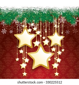 Fir twigs with snow on the red background with ornaments. Eps 10 vector file.