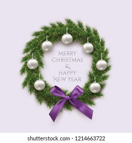 Fir wreath with Christmas balls and violet bow and Merry Christmas and Happy New Year text isolated on light background. Vector design element