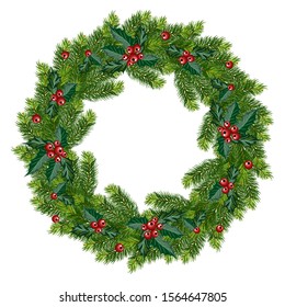 Fir wreath isolated on white background. Decorative christmas decoration from a branches and holly. Vector illustration.