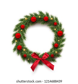 Fir wreath with red Christmas balls, bow and golden stars isolated on white background. Vector design element