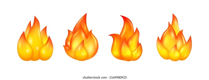 Fire 3D realistic icons set. Vector burning campfire flame, bonfire sparkles illustration. Orange and yellow blaming fire, flammable object sign, inferno ignition