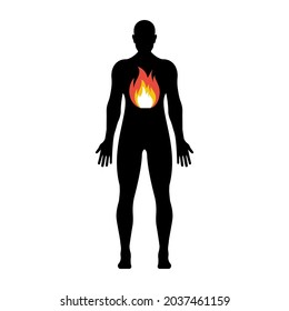 Fire in the abdomen of man. Black silhouette of a young man. Heartburn icon. Fire in stomach. Intestinal disease. Sick stomach. Gastric gases. Vector illustration flat design. 