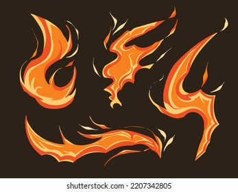 Fire with abstract shape. Red hot flaming element effect with cartoon flat art style and color vector illustration set collection