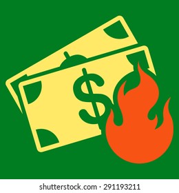 Fire Accident icon from Commerce Set. Vector style: bicolor flat symbol, orange and yellow colors, rounded angles, green background.
