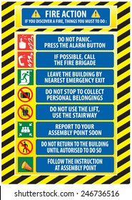 Fire Action Emergency Procedure / Evacuation Procedure (do not panic, press alarm button, call fire brigade, emergency exit, report to assembly point, follow instruction).