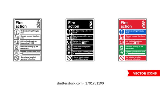 Fire action fire fighting sign icon of 3 types: color, black and white, outline. Isolated vector sign symbol.