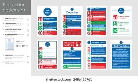 Aviso de acción contra incendios con ocho versiones diferentes. Contengan señales e instrucciones para las acciones que deben tomarse en caso de incendio. 