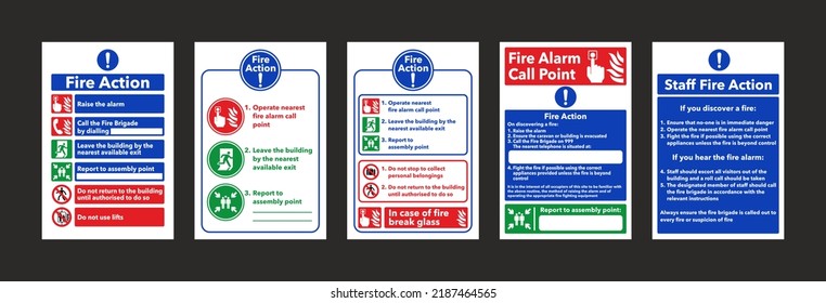Fire action notice sign instructions vector set. Five different version.