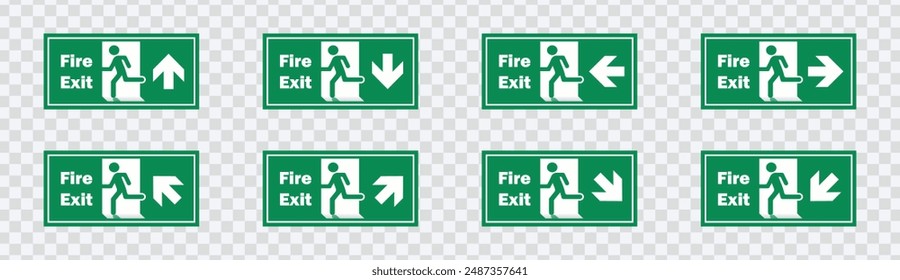 "Fire action signs. Emergency exit and action signs for safety."