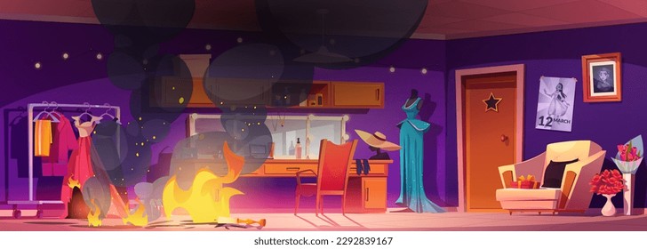 Fire in actor makeup room with smoke cloud cartoon backstage illustration. Theater dressing interior background with flame in wardrobe. Danger disaster concept with vanity superstar artist cloakroom