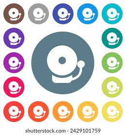 Fire alarm bell solid flat white icons on round color backgrounds. 17 background color variations are included.
