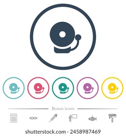 Fire alarm bell solid flat color icons in round outlines. 6 bonus icons included.