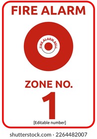 Fire alarm bell, zone number safety label and sign, vector line