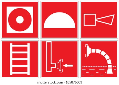 Fire alarm call point, Location of the fire protection, Fire alarm sounder, Fire ladder, Fire dry pipe riser, Fire water source signs