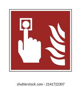 Fire alarm call point sign. Vector illustration of red square board with finger pressing button icon sign. Fire protection symbol isolated on white background. Red safety sticker.