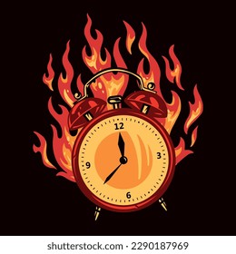 Fire alarm clock emblem colorful with flame for concept of strict deadline and no time for break vector illustration