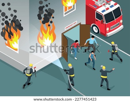 Fire alarm composition with people evacuating from burning house isometric vector illustration