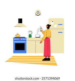 Fire Alarm Control Panel In Kitchen Interior With Woman Holding Smartphone. Flat Vector Illustration About Safety, Home Security, And Emergency Preparedness, Isolated On White Background