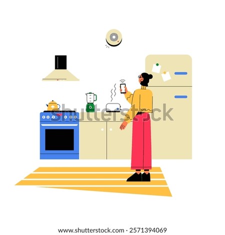 Fire Alarm Control Panel In Kitchen Interior With Woman Holding Smartphone. Flat Vector Illustration About Safety, Home Security, And Emergency Preparedness, Isolated On White Background