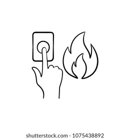 Icono de doodle dibujado a mano con alarma de incendios. Ilustración vectorial del botón de alarma de incendios pulsando dedo para imprimir, web, móvil e infografías aisladas en fondo blanco.