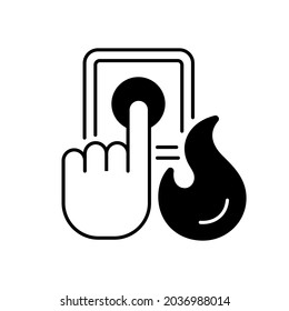 Icono lineal de alarma de incendios. Pulsando el dedo para obtener ayuda urgente. Llama extinguida. Seguridad contra incendios. Ilustración personalizable de línea delgada. Símbolo de contorno. Dibujo de contorno aislado del vector. Trazo editable