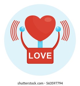 Fire alarm red heart. Symbol of passionate feeling of love. Postcard valentines day, wedding and date. Flat vector cartoon illustration. Objects isolated on a white background.