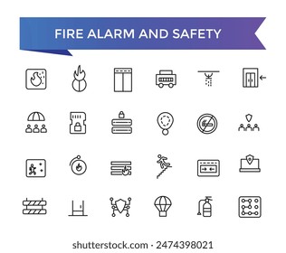 Conjunto de iconos de seguridad y alarma de incendios con colección de carrera editable. Paquete de iconos de línea. Ilustración vectorial.