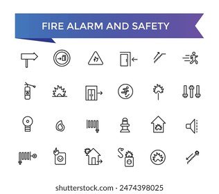 Fire alarm and safety icons Set with editable stroke collection. Line icons pack. Vector illustration.