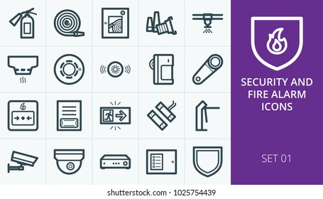 Fire alarm and security systems icons set. Set of heat detector, smoke sensor, motion infrared detector, sprinkler, access control, dome video camera