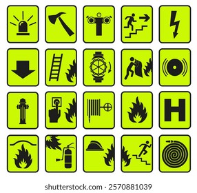 Fire alarm sign. Set of vector fire symbols, emergency exit sign. Fire signs. ESP 10.