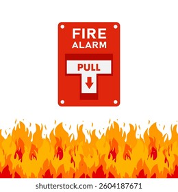 Fire alarm switch with burning flames and white background