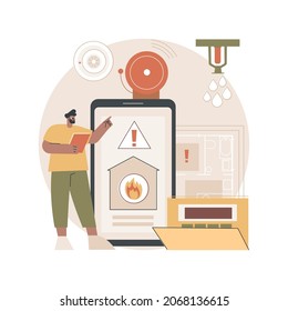 Ilustración vectorial del concepto abstracto del sistema de alarma contra incendios. Componente de alarma de incendios, instalación del sistema, método de prevención, sensor de humo, proyecto de protección de edificios, metáfora abstracta del plan de emergencia.