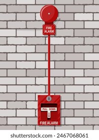 Sistema de alarma de incendios en la pared de ladrillos. Equipo contra incendios. Ilustración vectorial en estilo plano