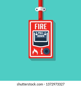 Fire alarm system. Fire button. Emergency siren. Vector illustration flat design. Isolated on white background. Red alarm equipment detector.