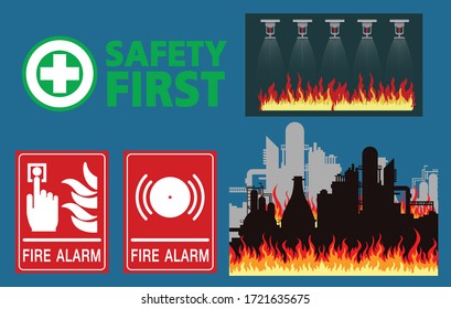 Fire alarm system, Factory fire and fire sprinkler,safety first, emergency icons