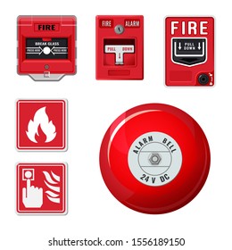 Fire alarm system icons set. Red ringing bell. Vector illustration
