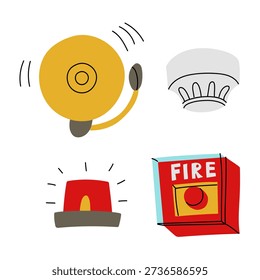 Fire alarm system icons set with bell, smoke detector, siren and emergency button. Isolated safety equipment for fire department infographic, office security posters or web design projects