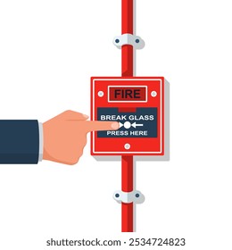 Sistema de alarme de incêndio. Um homem aperta um botão de fogo. Sirene de emergência. Design plano de ilustração vetorial. Isolado em um fundo branco. Detector de equipamento de alarme vermelho.