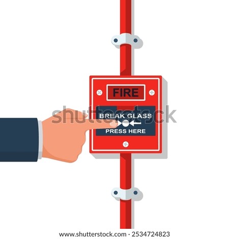 Fire alarm system. A man presses a fire button. Emergency siren. Vector illustration flat design. Isolated on a white background. Red alarm equipment detector.