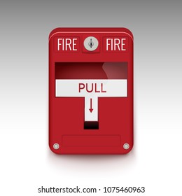 Fire alarm system. Pull danger fire safety box. Break red alarm equipment detector safe detector.