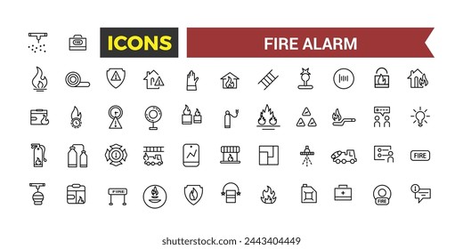 Conjunto de iconos de sistemas de alarma de incendios, relacionados con el detector, sensor de humo, rociador, módulo de extinción de polvo, panel de control de alarma de incendios, extintor, ilustración vectorial de emergencia