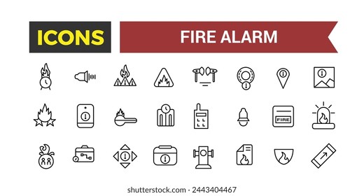 Conjunto de iconos de sistemas de alarma de incendios, relacionados con el detector, sensor de humo, rociador, módulo de extinción de polvo, panel de control de alarma de incendios, extintor, ilustración vectorial de emergencia