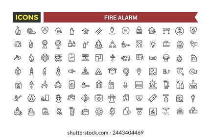 Conjunto de iconos de sistemas de alarma de incendios, relacionados con el detector, sensor de humo, rociador, módulo de extinción de polvo, panel de control de alarma de incendios, extintor, ilustración vectorial de emergencia