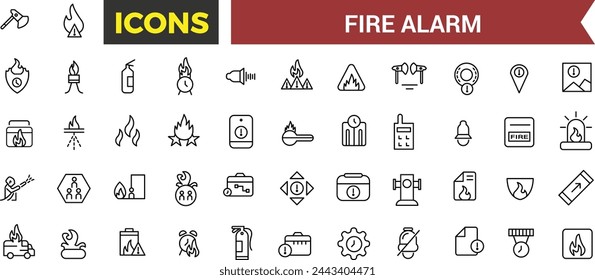 Conjunto de iconos de sistemas de alarma de incendios, relacionados con el detector, sensor de humo, rociador, módulo de extinción de polvo, panel de control de alarma de incendios, extintor, ilustración vectorial de emergencia