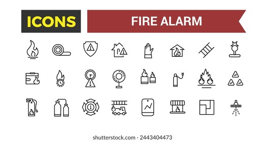 Conjunto de iconos de sistemas de alarma de incendios, relacionados con el detector, sensor de humo, rociador, módulo de extinción de polvo, panel de control de alarma de incendios, extintor, ilustración vectorial de emergencia