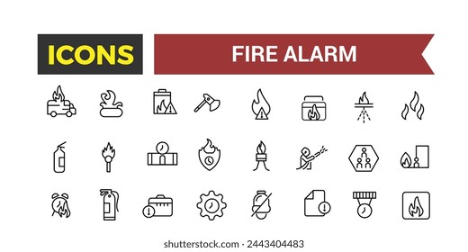 Conjunto de iconos de sistemas de alarma de incendios, relacionados con el detector, sensor de humo, rociador, módulo de extinción de polvo, panel de control de alarma de incendios, extintor, ilustración vectorial de emergencia